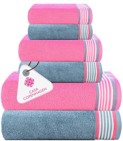 Casa Copenhagen Ensemble Serviettes 6 pcs He & She, Bleu +Rose, 550 g/m², 2 Bain, 2 essuie-Mains, 2 Gants Toilette, conçu au Danemark, fabriqué à partir de en Coton égyptien pour Cuisine et Douche