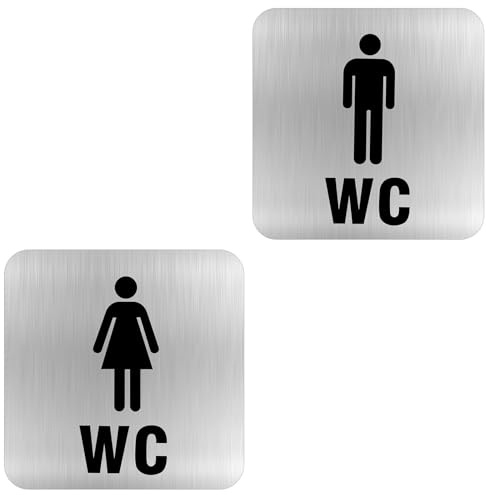 2 Targhette per WC in Acciaio Inox - Toilette WC Donna Uomo Targa con Simboli Universali, Targhetta Bagno per Porte di Bagni, 12x12cm
