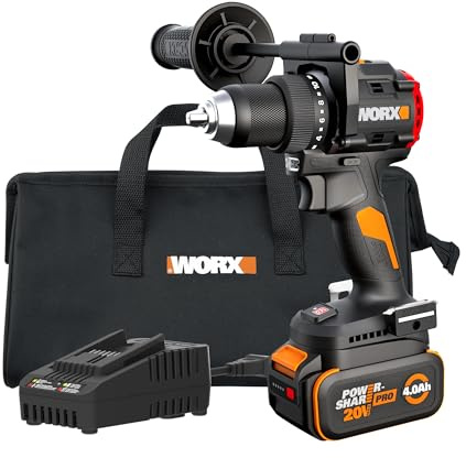 Worx Cordless Drill Driver, 20V 930 in·lbs Brushless Power Drill Driver, Powerful and Faster Drilling and Driving, Compact 6.3 Length, 20V 4.0 Ah Battery and Charger Included, PowerShare