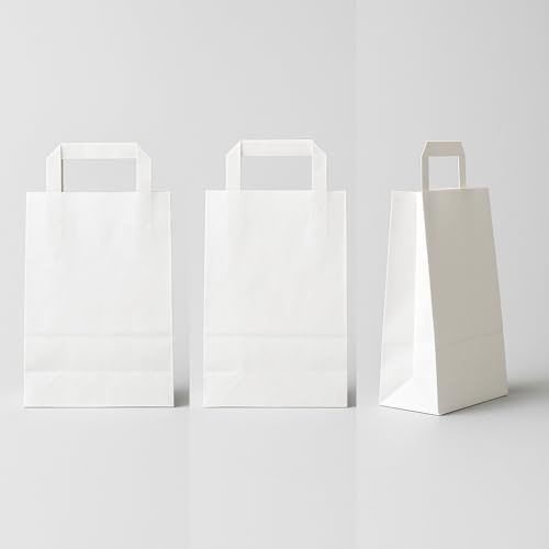 Gorillabox – Multipack 50 Bolsas de Papel Blanca con Asa Plana– 22 x 10 x 29 cm – Bolsa Kraft Resistente para Comercio y Hostelería