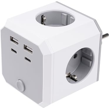 DEWIN 8-i-1 kub grenuttag, vägguttag med EU-nätströmbrytare, 4 strömuttag, 2 USB-A-portar och 2 USB-C-portar