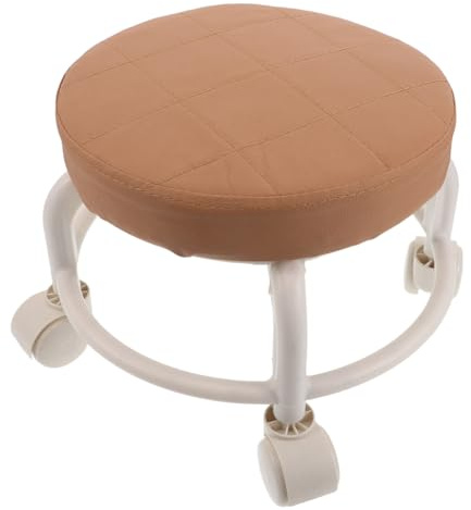 UKCOCO Tabouret Bas Rond à roulettes en Cuir PU Marron, Siège Pivotant 360°, Repose-Pieds Mobile pour Salon de Beauté, Spa, Bureau à Domicile et Institut de Massage Professionnel