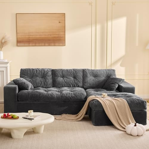 Litbird Sofá Esquinero Modular de 3 Plazas con Funda de Pana, Sofá Cama Grande y Cómodo para Salón, Sofá de Esquina sin Montaje para Salón Amplio o Apartamento (Gris)