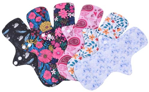 Veemoon Compresas Sanitarias Reutilizables para Adultos, 6 Unidades Grandes, Tela de Fibra Transpirable y Lavable, Antifugas, Ideales para Postparto, Cuidado Femenino y Color Aleatorio