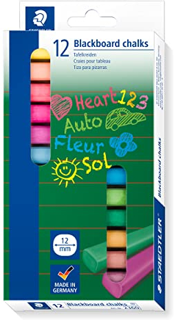STAEDTLER Wandtafelkreide, hervorragende Farbabgabe, staubfrei, leicht abwischbar, Kartonetui mit 12 farblich sortierten Tafelkreiden, 2360