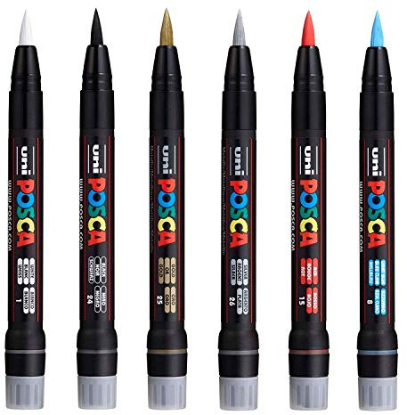 Posca Uni PCF-350 Pinselspitzen-Marker, Kunststift, Stoff-, Glas-, Metallstift, die 6 beliebtesten Farben