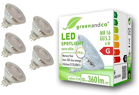greenandco 5x CRI 97+ MR16 GU5.3 LED Spot | 6W 360 lm | 2700K warmweiß | 110° | 12V AC/DC | nicht dimmbar