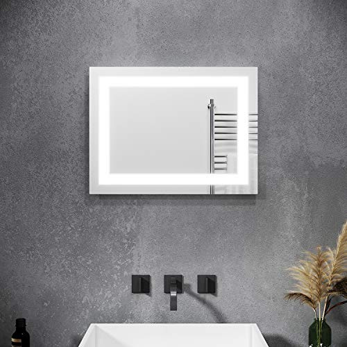 SONNI badrumsspegel med belysning, 60 x 50 cm, LED-badrumsspegel kallvit, väggspegel med ljus väggströmbrytare IP44