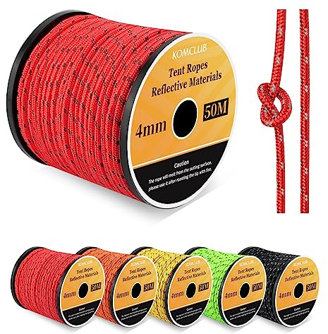 KOMCLUB 50M Reflective Guy line Tent Cords Solid 4mm Lightweight Camping Rope Braid Tent Guide Guy Straps for Tent Tarp Canopy Shelter Camping Hiking Backpacking Water Activities Survival Gear (RED)