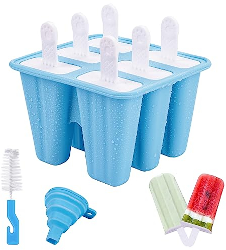 Eisformen Silikon, 6 Zellen Eis am Stiel Formen BPA Frei für Kinder, Popsicle Formen Set Mit Reinigungsbürste und Falttrichter - Blau