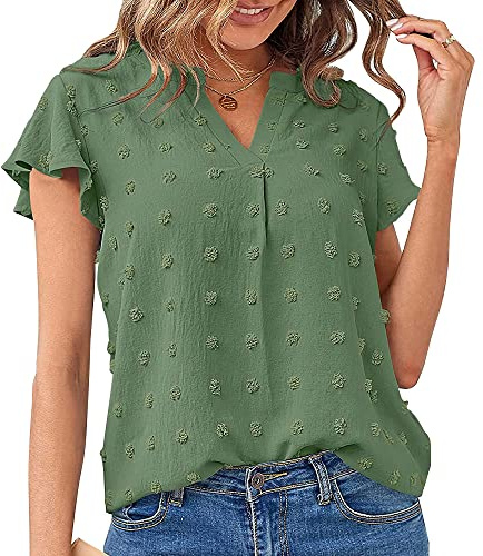 BKEPDY T-Shirt à Manches Courtes et col en V pour Femme Lâches Hauts Décontracté Base Top Chemisiers d'été Tee Shirt Élégant Shirts Ruffle Sleeve Dot Chiffon Shirt Couleur Unie Blouse Chic