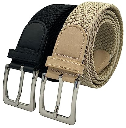 MIGURA 2 Piezas Cínturón Trenzado Elástico Para Hombres Mujer, Cinturón Elástico Extensible Correa Trabajo Cinturón Casual Táctico Cinturón Ajustable Beige Negro 95-120 cm