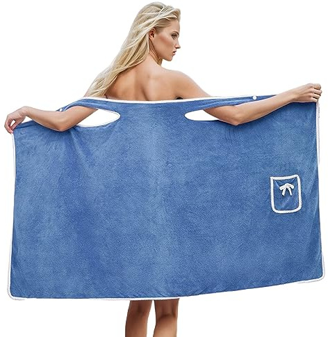 PAIDAXING Toalla de baño para mujer, absorbente, de secado rápido, con tirantes, con bolsillo, para adultos, para playa, spa, sauna, bata de baño, azul, talla única