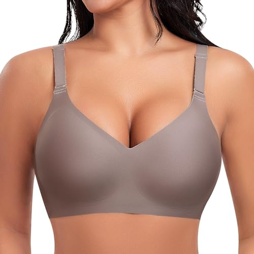 Ganado Sujetador sin Aros con Relleno Mujer Sujetadores Push Up sin Costuras Bralette Comodos Cuello V (Marrón,S)