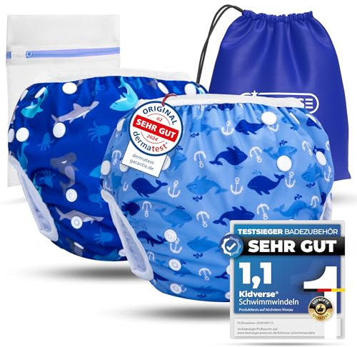 KIDVERSE 2er Set Schwimmwindel Baby 0-3 Jahre - Hautfreundliche Schwimmwindeln wiederverwendbar & saugstark - Baby Schwimmwindel mit Tasche & Wäschenetz (Blau Haie & Wale 2er)