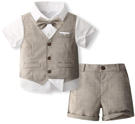Volunboy Trajes para Bebé Niños de Boda Ceremonia, Verano Conjunto de Chaleco, Camisa, Pajarita, Shorts 4 Piezas(4-5 años,Caqui oscuro,Etiqueta tamaño 120)