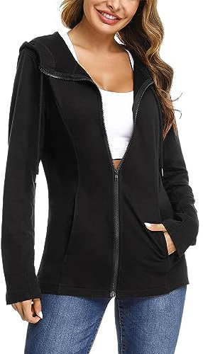 Aottori Sweatjacke Damen Kapuze Baumwolle Hoodie Langarm Pullover Kapuzenpulli Outwear Jacken Sweatshirt Kapuzenjacke Schwarz S