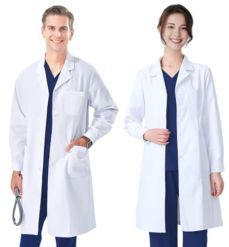 FAHAKO Blouse Blanche Homme Femme, Blouse Chimie Lycee Coton Blouse Laboratoire Blouse Medicale Manche Longue Blouse Blanche Chimie Lycee avec 3 Poche Bouton pour Etudiant Physique Scientifique, XL