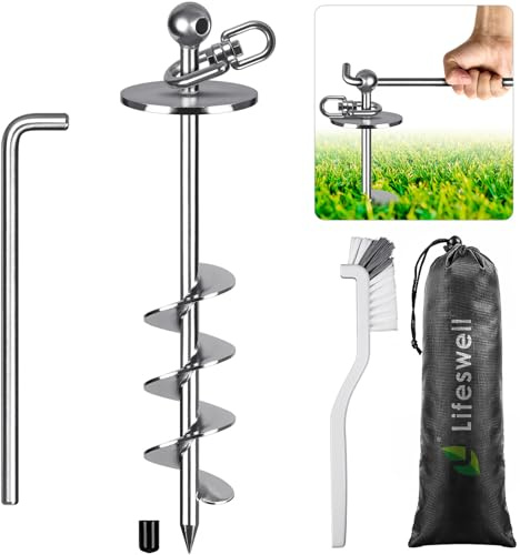 Lifeswel Piquet d'attache pour Chien de 40,6 cm, Ancre à Visser Robuste pour Chiens jusqu'à 100 kg, pivotant à 360°, sans nœuds, Ancre au Sol en Spirale entièrement soudée pour Cour, Camping et Plage