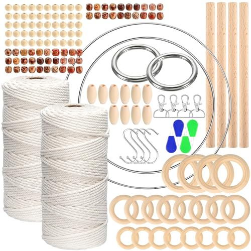 Macrame Kit for Adults, Featuring 3mm Macrame Cord 200M, 110PCS Wooden Beads, 20PCS Wood Rings, 4PCS Wood Sticks, 4PCS Metal Rings & Others Accessories DIY Macrame Wall Hanging Craft Kit for beginners