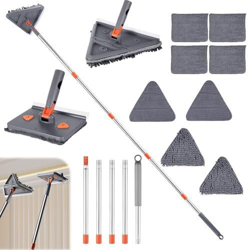 Mopa Limpiar Azulejos Paredes con Rasqueta & con 8 Almohadillas, Mopas Limpieza Suelos Triangular Giratoria 360°, Fregona Limpiador Pared Extensible 197cm para Techos, Ventanas, Suelos, Zócalos