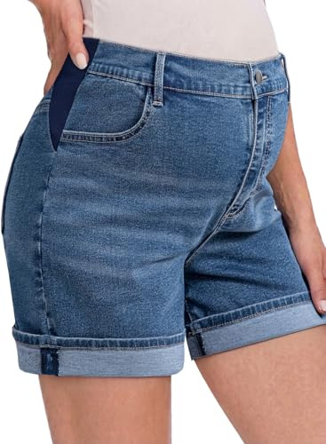 BLENCOT Women's Maternity Jean Shorts Under Belly Maternity Lounge Denim Pants Fold Hem Comfy Pregnancy Clothes with Pockets Bluing Large