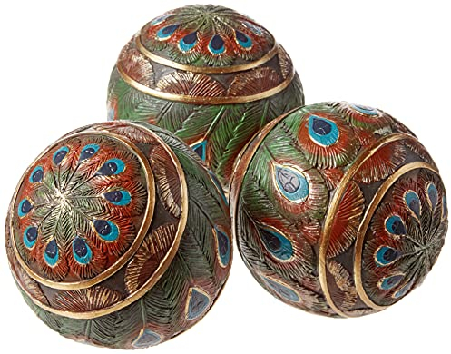 Design Toscano QM25572 Peacock Feathered Orbs Decorative Accent Balls, Set of Three, Polyresin, Full Color, 8 cm, Blue, Green, and Gold