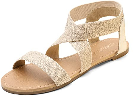 DREAM PAIRS Women's Elastic Ankle Strap Flat Sandals Summer Dressy Shoes Cute Strappy Gladiator Sandals ELATICA-6,Size 3.5,Gold/Pu,ELATICA-6