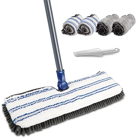 Masthome Flat Floor Mop, 2 in 1 Chenille Microfibre Mop with 127cm Long Handle & 4 Reusable Washable Pads, Household Wet & Dry Mops with Dirt Removal Scrubber for Hardwood Laminate Tile Vinyl