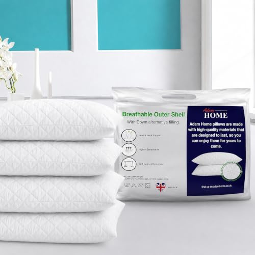 Adam Home Cuscini Qualità Hotel con Fodera Trapuntata Cuscini Imbottiti per Stomaco, Schiena e Dorme Laterale, Cuscini da Letto Alternativi in Piuma Morbidi Cuscini per in Fibra Cava Confezione da 4