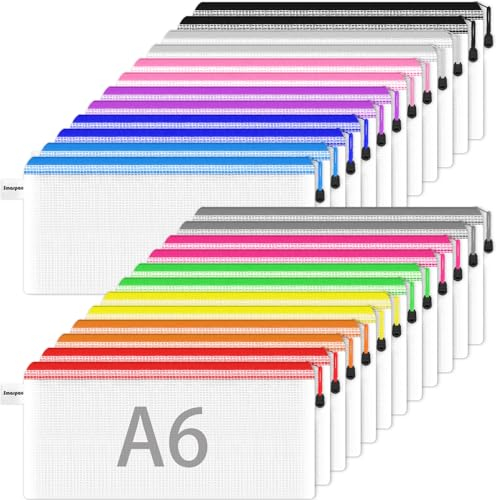 24 Stück Dokumententaschen A6, Wasserdichte Dokumententasche Reissverschluss, Kunststoff Datei Tasche für Dokumente, Papier, Datei, Kosmetika, Hausaufgaben und Reisezubehör(12 Farben)