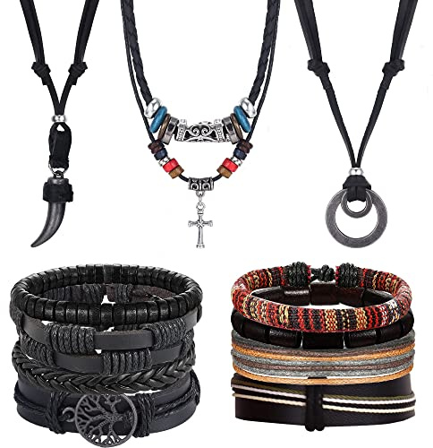Kakonia 11 Pezzi Bracciale In Pelle Collana In Pelle Uomo Donna Set Di Gioielli Bracciale Intrecciato Etnico Boho Intrecciato Collana Con Braccialetti Regolabili Fatti A Mano