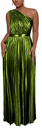 AOMEI Women's Green Luxury Metallic One Shoulder Sleeveless Elegant Pleated Long Dress (L,Large)