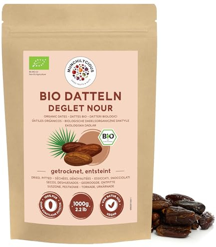 Munchilycious Datteri BIO Denocciolati Secchi Deglet Nour 1kg, Datteri Interi senza Zucchero, Snack di Frutta