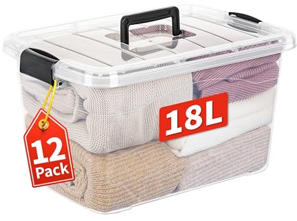 Cetomo 18L*12 Storage Boxes with Handle, Plastic Storage Box with Lids for Home Dorm Office Organization, Stackable & Nestable, Tote Container, PP, Transparent, 18L-12 Pack
