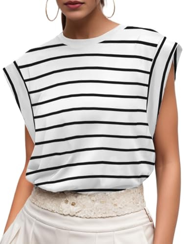 GRECERELLE Womens Cotton T Shirts, White Black Stripe, S