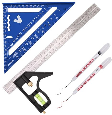 Escuadra de carpintero, juego de regla triangular de 18 cm y combinaciones de 30 cm, incluye marcas de agujeros profundos, medición de ángulo de aluminio de alta precisión para carpinteros (azul)
