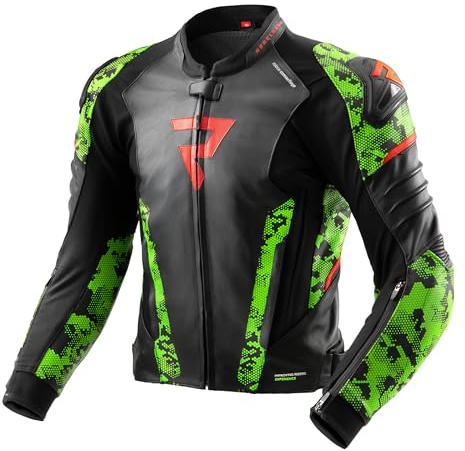 REBELHORN Veloce Giacca da Moto Uomo | Pelle | Protezioni Gomiti e Spalle Livello 2 | Cursori sulle spalle | 6 Canali di Ventilazione con Cerniera