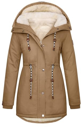 TOMEEK Parka Giubbotto Donna Invernale Giacca con Cappuccio Lungo Caldo Cappotto Donna Felpe Pile con Zip Elegante con Tasche Imbottito Moda(Cachi scuro,S)