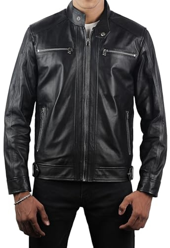 Crissman Designs Men's Black Leather Jacket | Real Lambskin Cafe Racer Biker Jackets With Plaid Lining (US, Alpha, Medium, Regular, Regular, Black 3 Stitch Biker Racer Jacket)