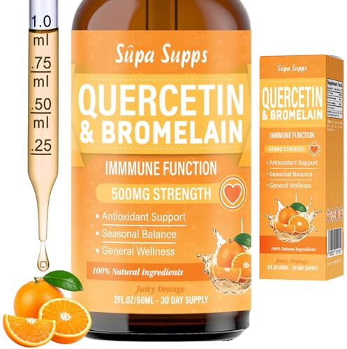 Quercetin Liquid Drops 60ml - High Strength 500mg Per Serving Bromelain Drops - Antioxidant Quercetin Supplement for Absorption - Fast Absorbing Polyphenol Querctin Complex - Orange Flavour