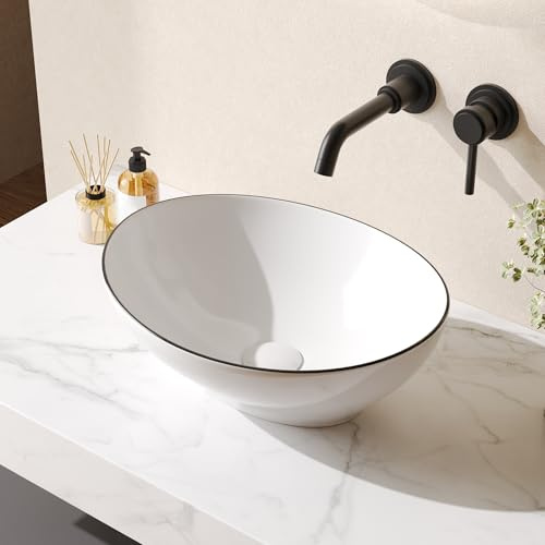 DeerValley Lavabo de Salle de Bain Ovale en Céramique, Vasque à Poser Moderne 41.5 x 33.5 x 14cm - Sans Trop Plein ni Trou de Robinet,Idéal pour Salle de Bain et Toilettes d’Invités