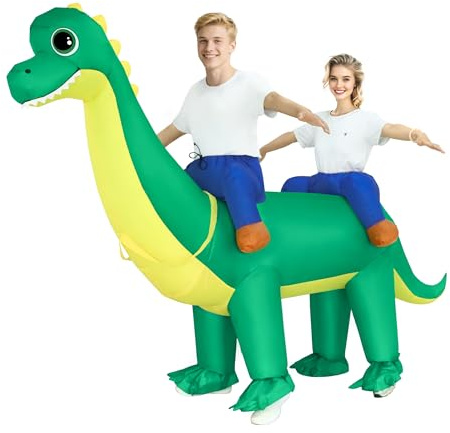 Poptrend Couple Inflatable Dinosaur Costume for Adult Blow Up Costumes 2 Person Halloween Funny Ride On Brachiosaurus Costumes for Men Women Funny Fancy Dress Party