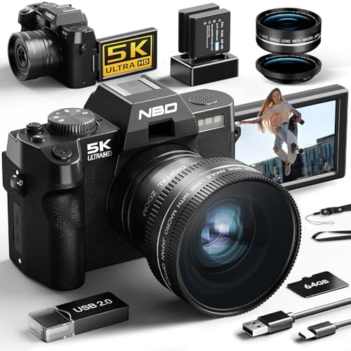 NBD 5K 64MP Appareil Photo numérique avec autofocus, Zoom numérique 16x, F1.8 Ouverture, Écran IPS 3 180°, WiFi + Lentille Grand Angle/Macro + Carte 64GB + 2 Batteries (Noir)