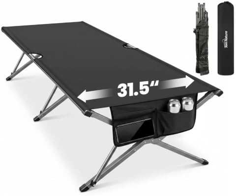 Join Nature Fältsäng, vikbar 210 x 80 x 60 cm, bred campingsäng på 200 kg, lastbar, stabil bärbar fältsäng med sidoficka, för camping, trädgård, resor, utomhus och inomhus (svart)