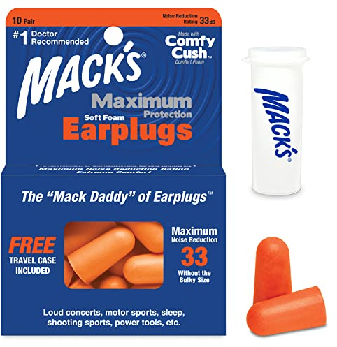 Mack’s Maximum Protection Soft Foam Earplugs - 10 Pair, 33 dB NRR - Comfortable for Sleeping, Snoring, Concerts, Motorcycles, and Power Tools | Made in USA