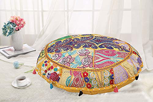 DK Homewares Traditionell Baumwolle Sitzkissen bodenkissen bezug 55x55 Bohemian Mango-Gelb Patchwork Gestickt Wohnkultur Rund Vintage Yogakissen - 22x22 Inch