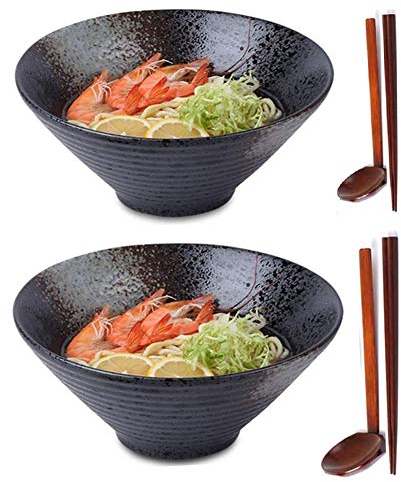 2 Stück (6-teilige) Porzellan Ramen Schüssel Set, 1600 ml Japanische Suppe Schale mit Löffel und Essstäbchen, Mikrowellen und Spülmaschinen Sicher, für Udon Asian Nudeln, Schwarz 24cm (Groß)