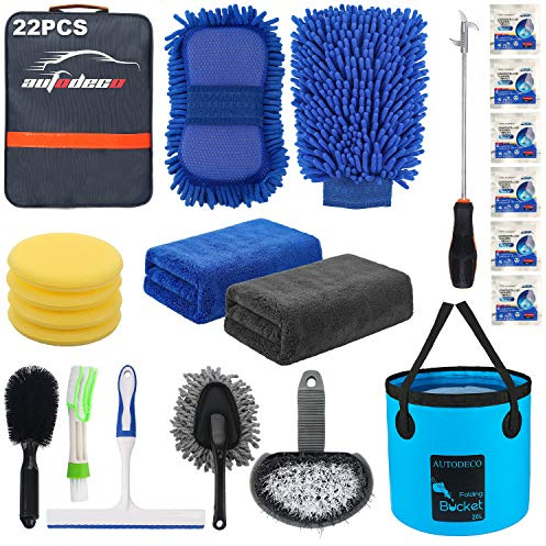 AUTODECO Juego de 22 Herramientas de Limpieza de Lavado de Coche, Juego de Guantes de Microfibra de Chenilla, Toallas aplicadoras, Cepillo de Ruedas, raspador de Ventanas, Plumero, Gancho de Piedra