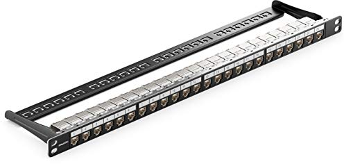 deleyCON Panneau de Brassage Modulaire 24 Ports Kit 0,5 UH Montage en Armoire de 19 Pouces + 24x RJ45 Modules Keystone CAT6a Compatibles CAT5 CAT6 CAT7 CAT8 Câble d'Installation Réseau LAN Noir